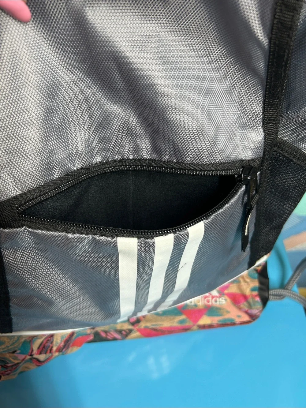 Silver Drawstring Backpack with Accent Print